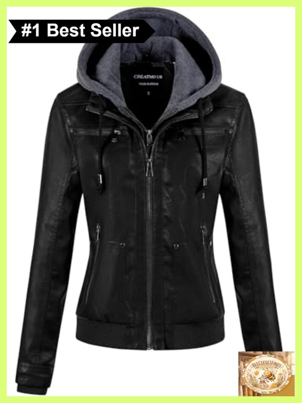 Women's Faux Leather Motorcycle Jacket Waterproof Bomber Coat with Hood